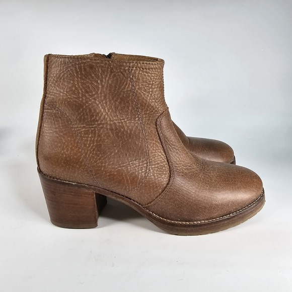 Roots Ankle Booties Women 8 38 Brown Tan Side Zip Boho Block Heel Pebbled Italy - Picture 6 of 11
